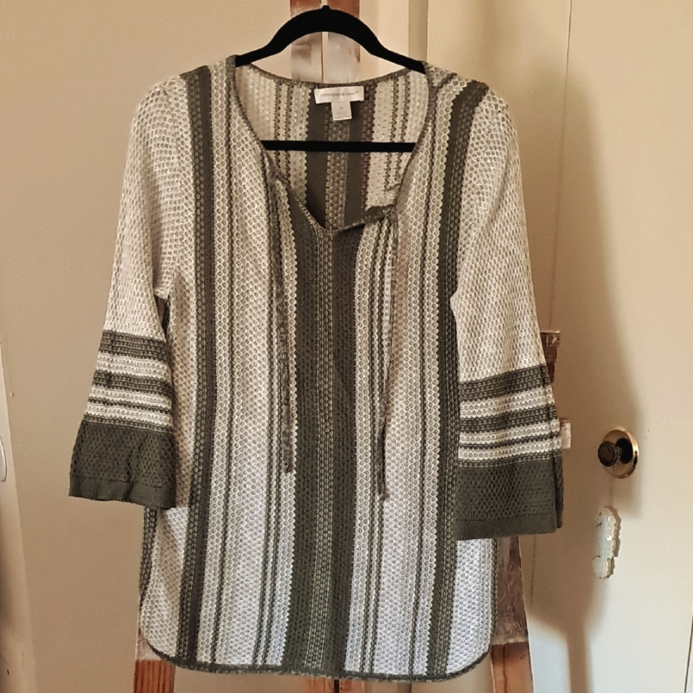 Christopher & Banks Green and White Striped Open Weave Sweater